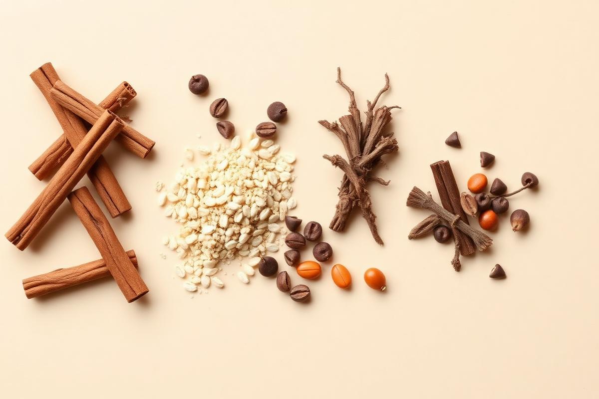 Cinnamon, bitter melon, berberine root and chromium-rich botanicals laid out on a light surface