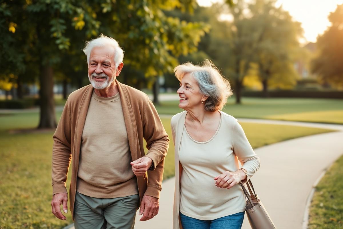 Couple in their fifties walking outdoors after dinner